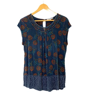 Daniel Rainn Cap Sleeve Round Neck Knit Top Womens size Large Navy Blue Floral - Picture 1 of 6
