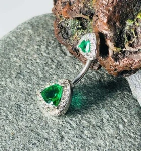 3Ct Emerald & Diamond Triangular Navel Belly Button Ring 14K White Gold Finish - Picture 1 of 4