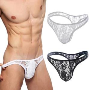 Men's Lace Sheer Thong Transparent G-strings Low Rise T-back Sexy Underpants New - Picture 1 of 30