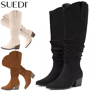 SUEDI Women Slouchy Knee-High Boots Side Zipper Pointed Toe Ruched Riding Boots - Picture 1 of 42