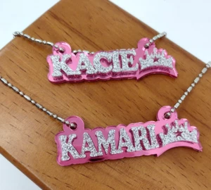 Name Plate Custom Name Necklace Princess Crown Nameplate Laser Cut Diamond Look - Picture 1 of 10