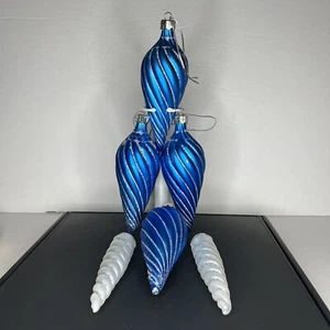 Silver and Blue Unbreakable Ornament Lot of 6 Glitter Drop 5"-6" Long Set of 6 - Picture 1 of 10