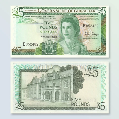 Gibraltar 5 Pounds, B119b, P21b, 1988, QE2  |  UNC Cover