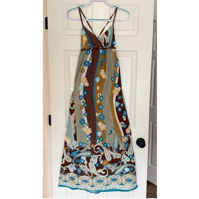 Maxi Vestido Mossimo Supply Co Boho Y2K Marrón Azul Estampado Floral Paisley Talla Pequeña Foto 1 de 4