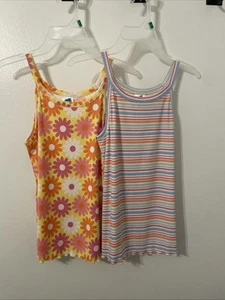 NWT Girl Sz 14 Lot Of 2 Extremely Me Ribbed Tank Tops Floral/Striped lettuce Hem - Picture 1 of 14