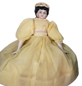 Antique Japan China Head Doll Marked 5 Black Hair Yellow Dress - Picture 1 of 16