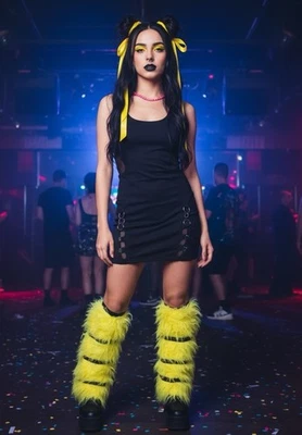 Calentadores de piernas amarillo neón Y2K Cyber Bunny Clubwear Rave Festival OS Foto 1 de 4