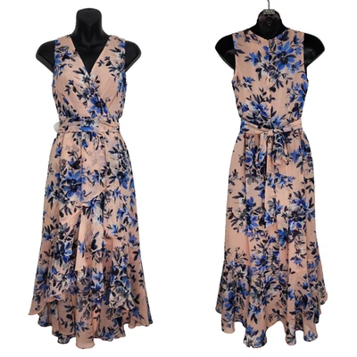 Eliza J Faux Wrap High Low Dress 2 Petite Pink Blue Floral Sleeveless Ruffle Hem - Image 1 of 4
