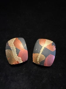 Vintage Lrg Clip On Earrings Goldtone Splatter Red Gold Black Orange (Lot# 480) - Picture 1 of 5