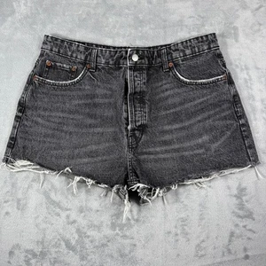 ZARA pantaloncino donna nero denim lavaggio vita alta orlo invecchiato taglia 14 - Foto 1 di 9