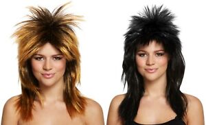 Ladies Black Glam Rock Diva Glamour Wig Spike Mullet Wigs Accessory Fancy Dress