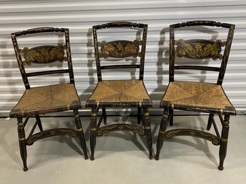 Vintage Hitchcock Style Side Chair Stenciled Turtle Back Rush Seat Set Of 3 Cover