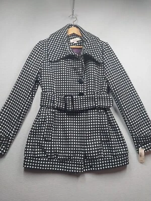 NUEVO CON ETIQUETAS Chaqueta Decree Juniors Talla Grande Negro Blanco Lunares Forrado Abrigo con Cinturón Foto 1 de 4