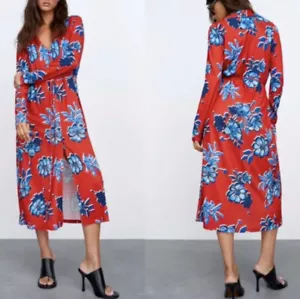 Zara Floral Print Midi Shirt Dress Size Small Red Blue Floral Long Sleeve - Picture 1 of 10