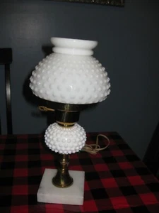 ANTIQUE FENSON MILK GLASS HOBNAIL LAMP WITH 4" SQUARE MARBLE BASE 13.5" TALL - Picture 1 of 10