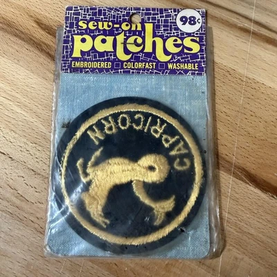 Vintage Capricorn Zodiac Sew-On Patch Embroidered Black Gold Made in USA - Image 1 of 3