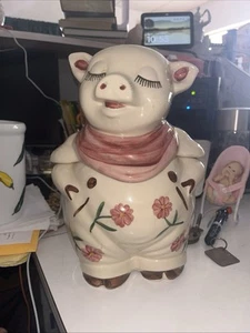 VINTAGE SHAWNEE SMILEY PIG CHRYSANTHEMUM Smile COOKIE JAR 1940s USA Ceramic - Picture 1 of 11