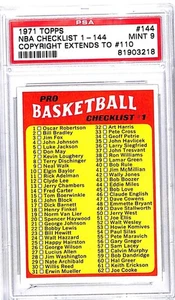 1971 1972 Topps #144a NBA Checklist 1-144 Basketball Card PSA 9 MINT Copyright - Picture 1 of 2