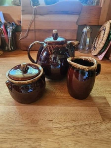 Vintage Hull Pottery Brown Drip Glaze Teapot, Sugar Bowl, & Creamer USA - Picture 1 of 21