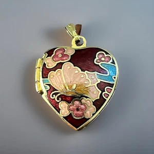 Vintage Cloisonne' Heart shaped locket; Gold Tone, Hinged Necklace Pendant - Picture 1 of 11