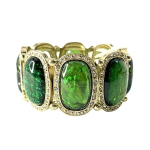 Bracciale cabochon lamina verde strass resina tono oro dichiarazione elastica - Foto 1 di 8