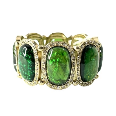 Green Foil Cabochon Bracelet Rhinestone Gold Tone Stretch Statement Wide Chunky - Image 1 of 4