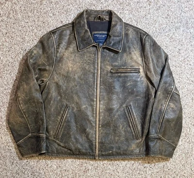 Men’s Y2K American Eagle Stone Acid Washed Leather Bomber Jacket. Size L - Image 1 of 4