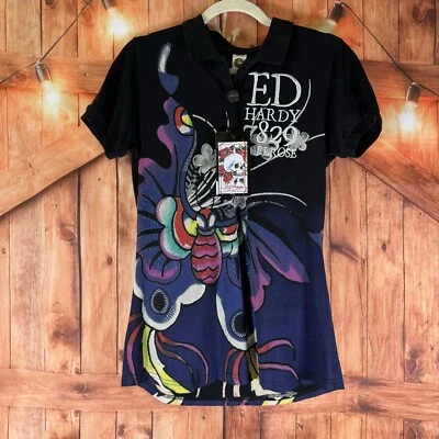 ED HARDY Christian Audigier черная рубашка женщин M бабочка графический ослепительный - Изображение 1 из 4