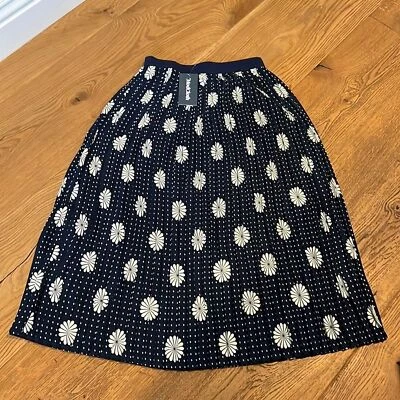 Modcloth White‎ Daisy Floral Polka Dot Blue Pleated Pull On Midi Skirt Si… - Image 1 of 4