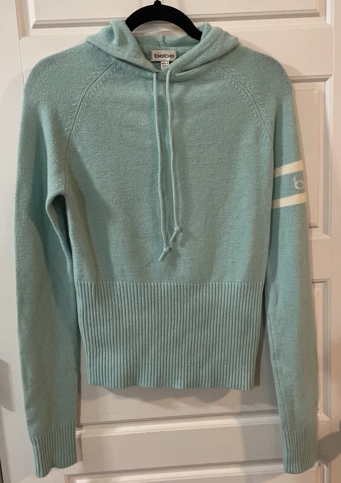 BEBEAquaGreenWomen Fleece Pullover LogoBebe Long Sleeves Hooded SweatshirtSize L - Image 1 of 4