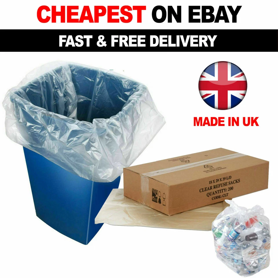 140 Gauge Clear Refuse Sacks Large Bin Liners Rubbish Waste Recycling Bags 90L - Image 1 of 1
