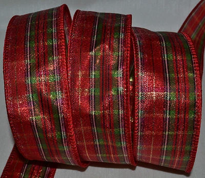 Wired Ribbon~Christmas Jazz Metallic Red Plaid~Green~Gold~2"~Holiday~Wreath~Bow - Image 1 of 2