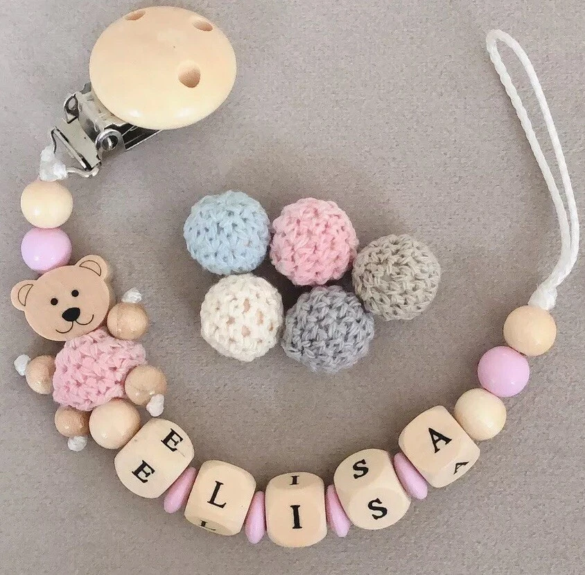 HANDGEFERTIGT Schnullerkette mit Namen ★ Rosa Teddy Bär ★ Mädchen Natur Holz Blau / Rosa