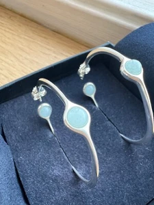 GEORG JENSEN AQUAMARINE SILVER HOOP EARRINGS - Picture 1 of 7