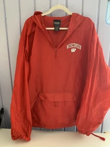 Steve & Barry's Jacket Mens 2XL, Red Wisconsin Hooded Half Zip Windbreaker Logo - Picture 1 of 3