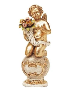 ANGEL BALL PUTTO WITH CORNUCOPIA AND CERAMIC FLOWERS IVORY GOLD LEAF - Picture 1 of 1