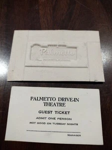 Vintage 1958 Florida Palmetto Drive-in Theatre Wood Mat Ad & Guest Ticket - Picture 1 of 6