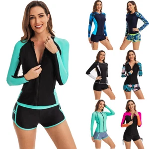 Women Two Piece Swimsuit Long Sleeve Rash Guard Diving Suit Swim Top + Short - Picture 1 of 24