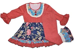 NWT GIRLS size 6-7 RED & NAVY FLORAL YOKE DRESS & DOUBLE RUFFLE LEGGING SET - Picture 1 of 6