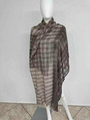 Brunello Cucinelli 100% 亚麻披肩围巾 棕色 米色 28 英寸 x 80 英寸 全新无标签 — 第 1/4 张图片