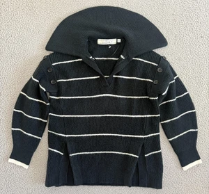 Rokh Sweater Womens XS Black White Stripe Funnel Collar Shoulder Buttons - Picture 1 of 10