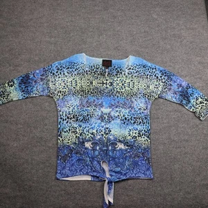 French Blue Shirt Womens Small Blue Animal Print Tie Front 3/4 Sleeve Rhinestone - Picture 1 of 12