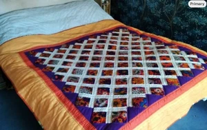 Patchwork quilt, vintage 70's fabric, squares 'en point' design, orange/multi - Picture 1 of 9