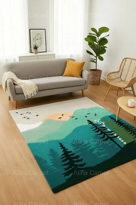 Handmade Tufted Wool Rug | Mountain Forest Landscape Area Rug for Living Room - Image 1 of 4
