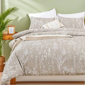 Queen Comforter Set 3 Pieces Oatmeal Floral Bedding with Pillow Shams - Picture 1 of 9