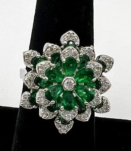 Platinum-Plated 925 Sterling Silver Green & White CZ Flower Ring Sz 6 Adjustable - Picture 1 of 8