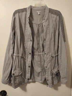 Maurices Jacket Medium Gray Lace Zip Snap Pockets Drawstring Waist Roll Tab Long - Image 1 of 4