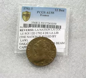 1792-T FRANCE LOUIS XVI BRONZE 12 DENIERS BROWN RARE PCGS AU55 - Picture 1 of 6