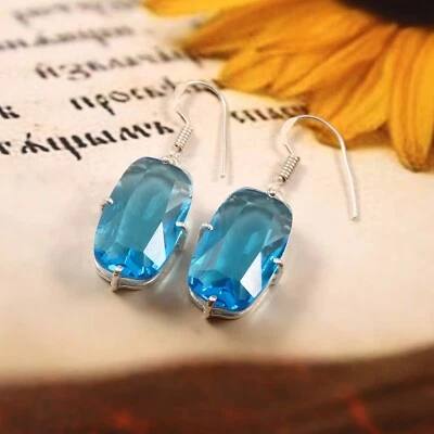 Blue Topaz Quartz Cushion Gemstone Silver Plated Earrings Jewelry 1.25" - Image 1 of 3