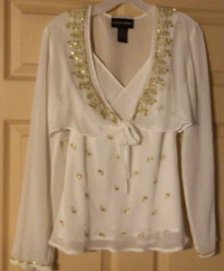 METROSTYLE Women White/Gold Sequin V-Neck Top, Long Slv, Sz 4, Tie Front, Lined - Picture 1 of 7